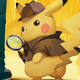 Pikachu dressed up all cute as a detective, holding a magnifying glass.